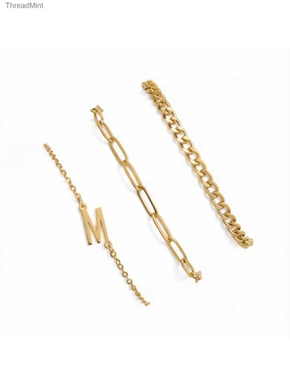 3PC Gold Plated Initial Bracelet Set, Layered Paperclip Cuban Chain Stack